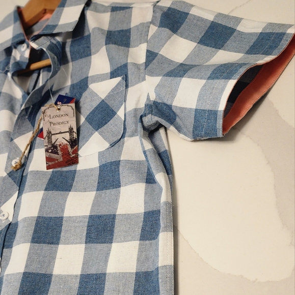 NWT London Prodigy Picture Perfect Short Sleeve Blue/White Plaid Polo Shirt Sz14 - Picture 7 of 14